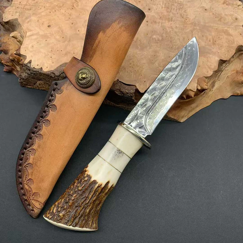 2026 Custom Handmade Damascus Steel Fixed Blade Hunting Knife with Cow Bone Handle Straight Outdoor Survival Tools - product view 3