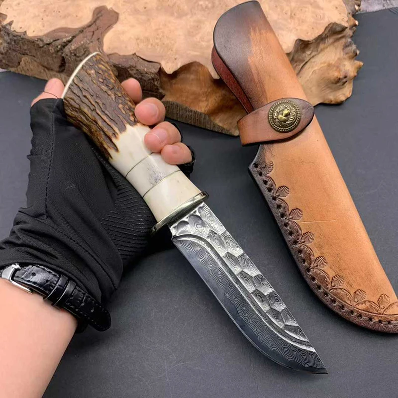 2026 Custom Handmade Damascus Steel Fixed Blade Hunting Knife with Cow Bone Handle Straight Outdoor Survival Tools - product view 4