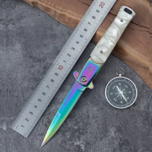 High Quality Rainbow Blade Resin Wood Handle 3cr13 Stainless Steel Folding Knife Color Titanium Portable Durable Knife product view 2