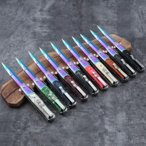 High Quality Rainbow Blade Resin Wood Handle 3cr13 Stainless Steel Folding Knife Color Titanium Portable Durable Knife product view 3