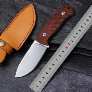 Hot Selling Wooden Handle Fixed Blade Hunting Knife with Leather Sheath Camping Outdoor EDC Tools