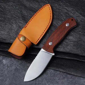 Hot Selling Wooden Handle Fixed Blade Hunting Knife with Leather Sheath Camping Outdoor EDC Tools - product view 3