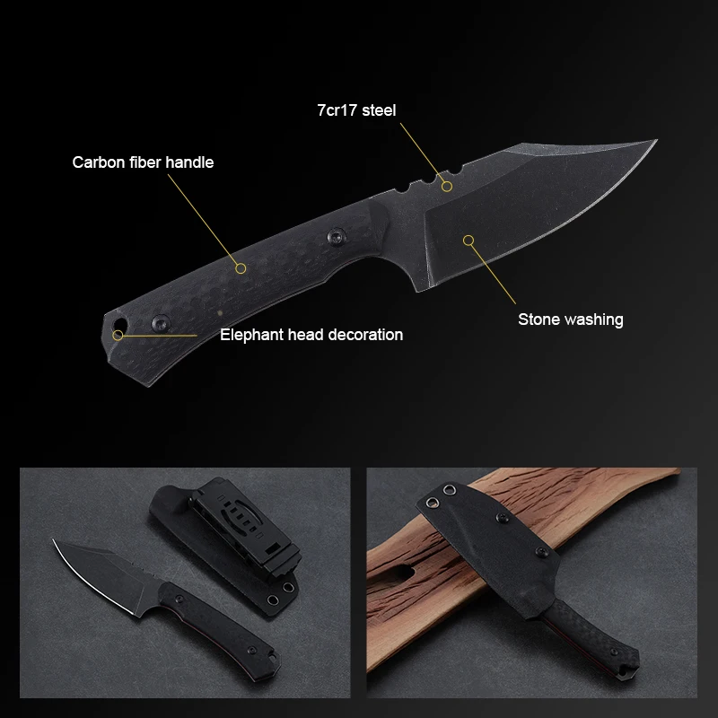 2026 New Arrival 7cr17 Steel Blade Tanto Style Fixed Blade with Carbon Fiber Handle Bushcraft Hunting Knife - product view 3