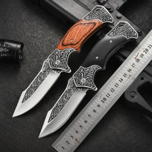 Folding Camping Knife Pocket EDC Embossing Process Knives with Wooden Handle Tool for Outdoor product view 2