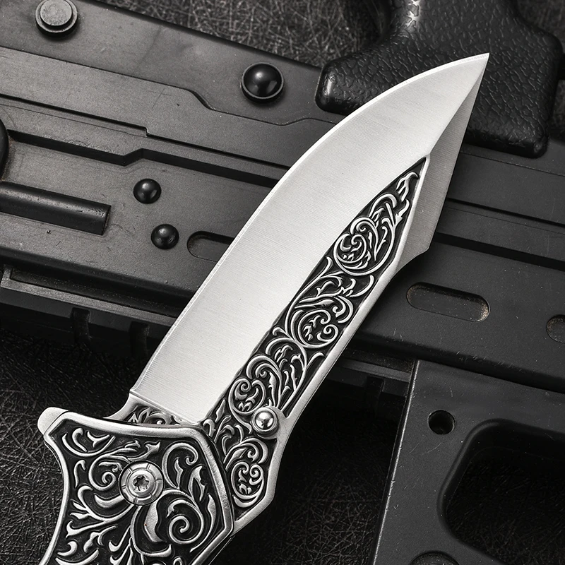 Folding Camping Knife Pocket EDC Embossing Process Knives with Wooden Handle Tool for Outdoor product view 3