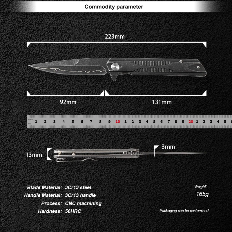 2026 All Black Custom Stainless Steel Blade Pocket Hunting Camping Knife with Featuring a Striped Design on the Handle - product view 4