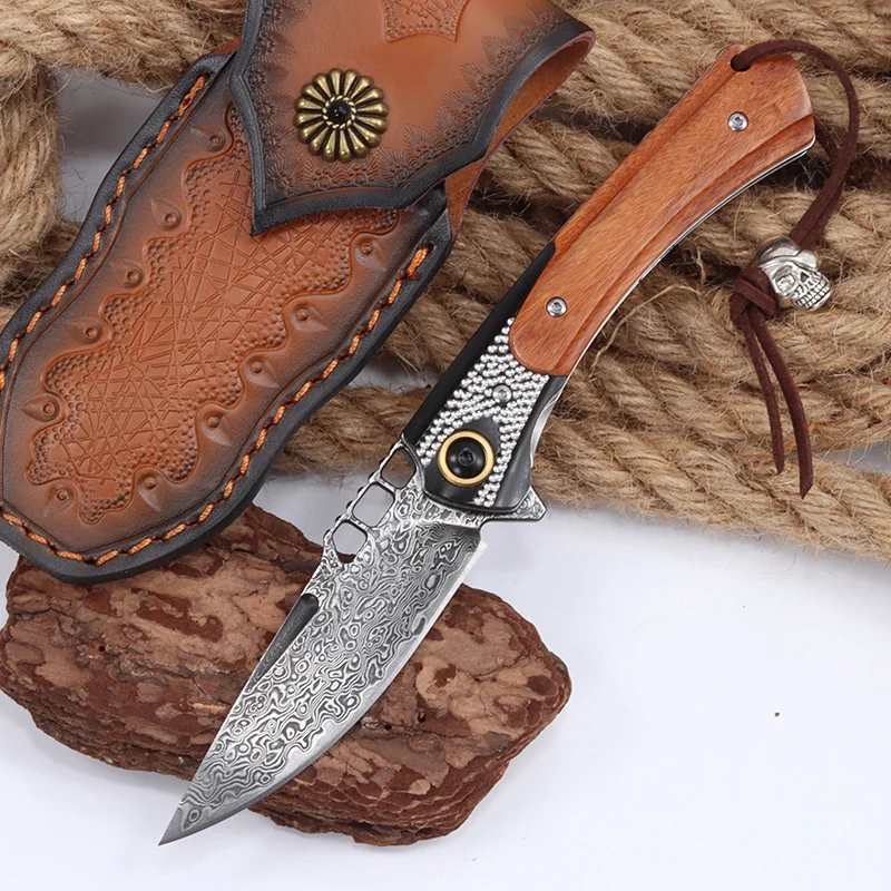New Designs High Quality OEM Custom Damascus Steel Blade and Wood Handle Pocket Folding Knife for Outdoor Camping Survival EDC - product view 2