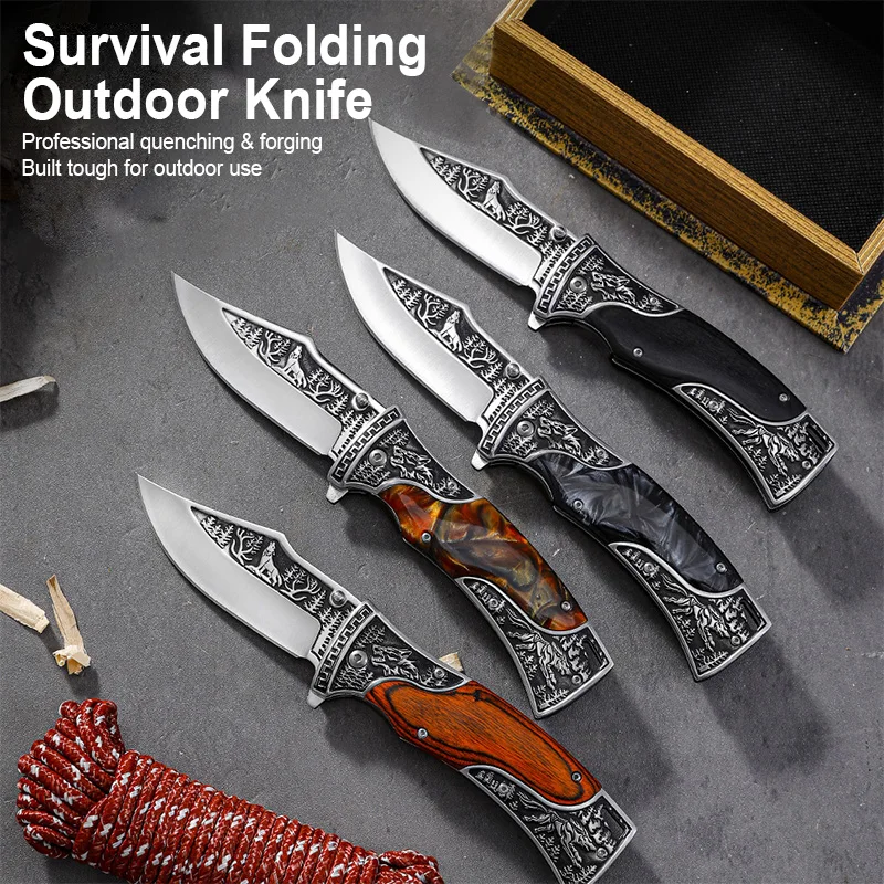 Wholesale Wolf Embossed Folding Knife Custom Resin Wood Handle Pocket Knife Outdoor Knives Multi Style product view 2