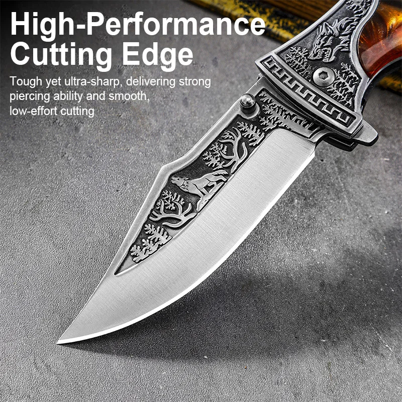 Wholesale Wolf Embossed Folding Knife Custom Resin Wood Handle Pocket Knife Outdoor Knives Multi Style product view 3