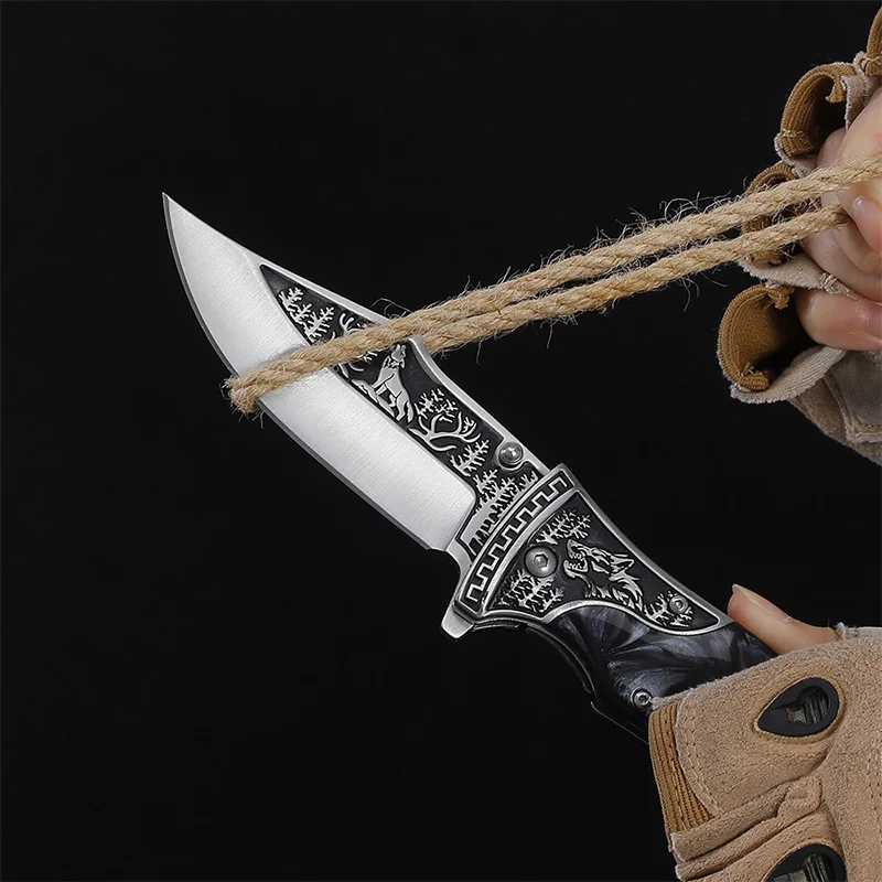 Wholesale Wolf Embossed Folding Knife Custom Resin Wood Handle Pocket Knife Outdoor Knives Multi Style product view 4