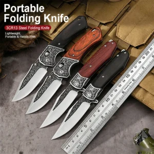 Portable Folding Knife with Pocket Clip Embossed Knife 3CR13 Steel EDC Tool Color Wooden Handle Knives product view 2