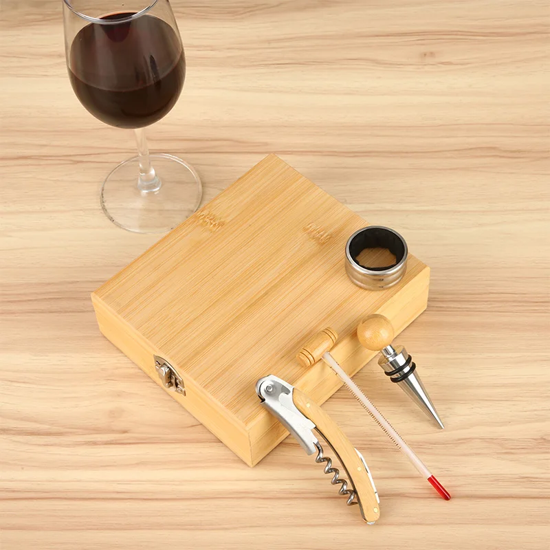 Stainless Steel Bar Wine Bottle Opener Set with Customized Logo Red Wine Accessories Gift Box with Wooden Box Burlywood - product view 2