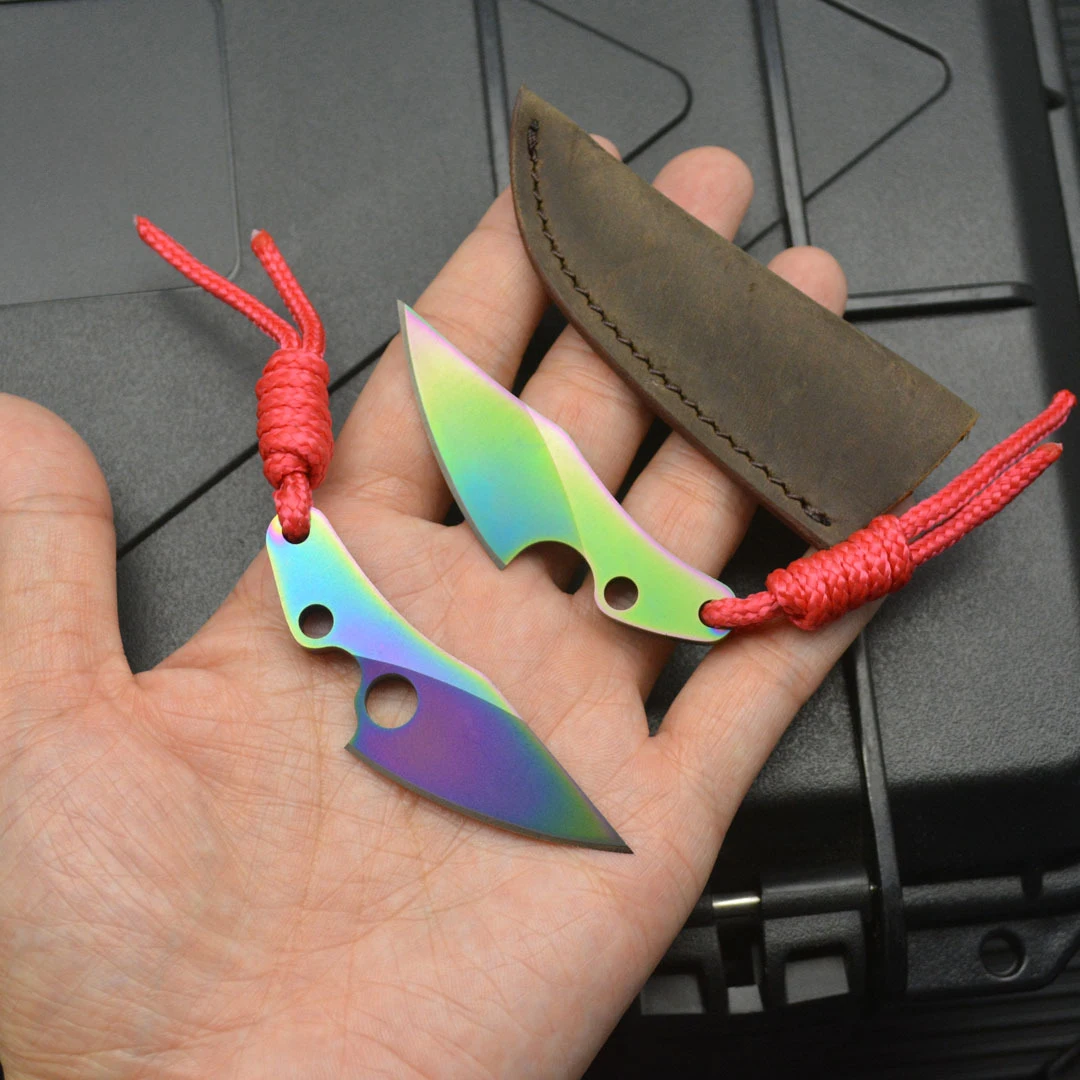 Stainless Steel Outdoor Hunting Mini Knife Leather Sheath Fixed Blade Knife Camping Colorful and Detachable for Hanging - product view 4