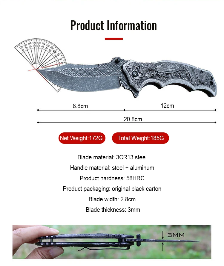 China Loong Relievo Aluminum Handle Pocket Knife 3CR13 Blade Camping Folding Knife Outdoor Hiking Stone Washed Blade Durable product view 2