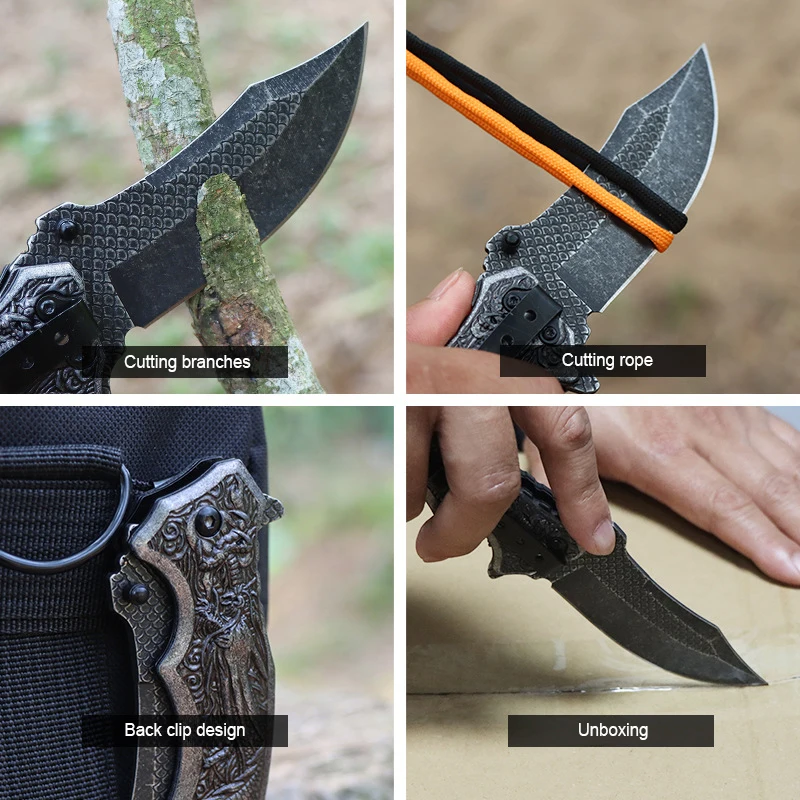 China Loong Relievo Aluminum Handle Pocket Knife 3CR13 Blade Camping Folding Knife Outdoor Hiking Stone Washed Blade Durable product view 4