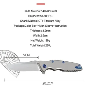 Приветgh Classic 14C28N Camping Folding Knife CT4 Titanium Alloy Handle Backpacking Pocket Knife Outdoor Knife Gift Pouch product view 2