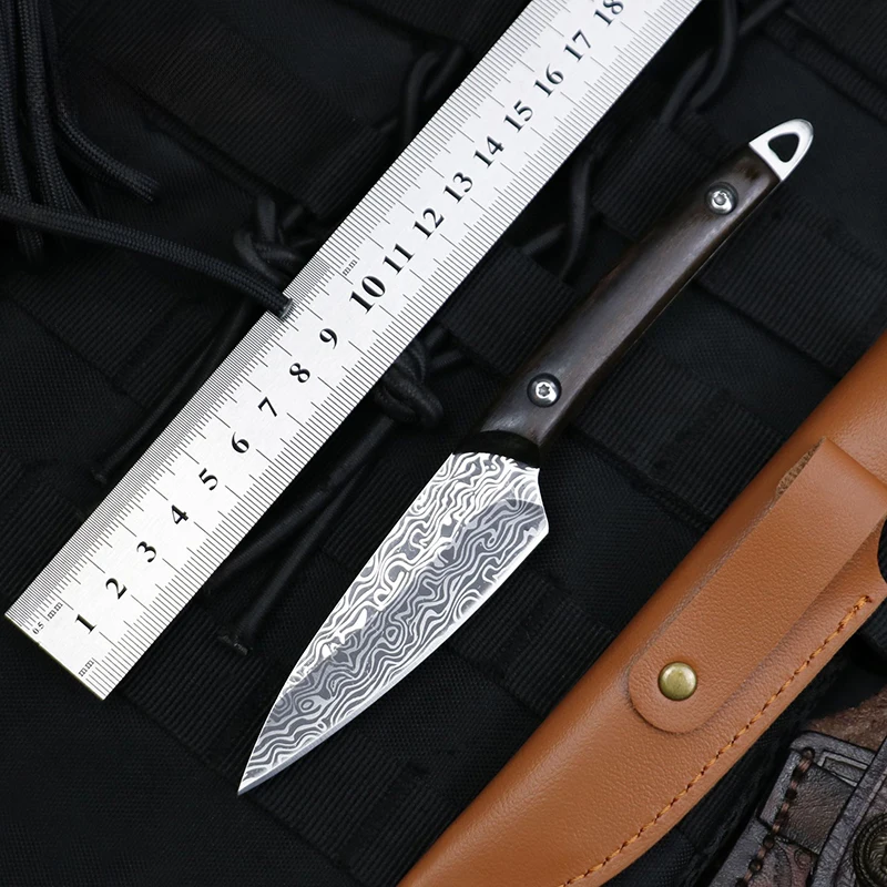 Small Size Multi-Function Survival Fixed Blade Knife with Wooden Handle Damascus Pattern Outdoor Hunting Leather Sheath - product view 2