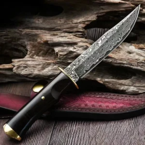 2026 VG10 Damascus Hunting Knife Custom Fixed Blade Hunting Knife with Ebony Handle and Leather Sheath