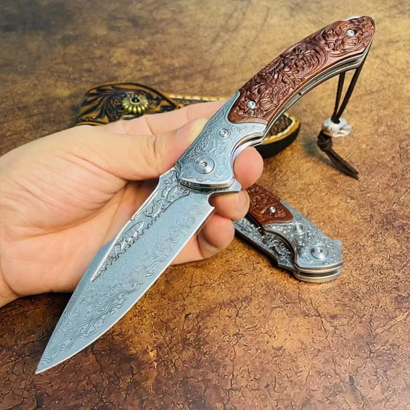 High End 227 Layers VG10 Damascus Pocket Knife CNC Carving Sandwood Handle Folding Knife with Leather Sheath product view 3