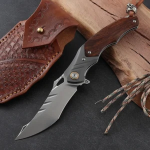 Knives Camping Wooden Handle M390 Powder Steel Blade Folding Pocket Knife with Leather Sheath