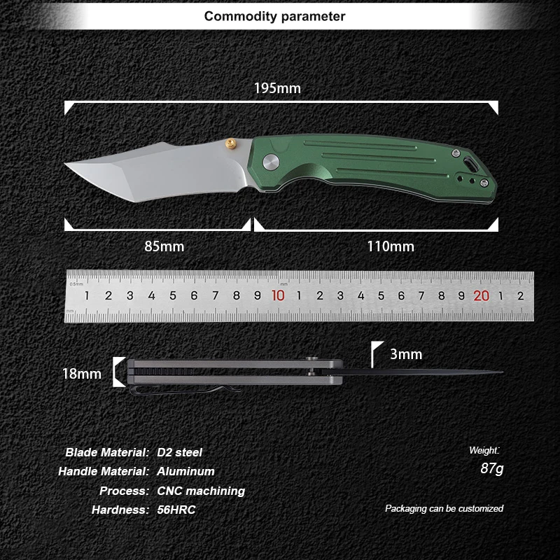 Portable D2 Steel Aluminum Handle Customized OEM Folding EDC Pocket Knife Gift Box Outdoor Hiking Camping with Green - product view 2