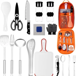 BBQ Outdoor Accesorios Kit with Orange Bag 16 Pcs Picnic Tools Set Spoons Knives Fork Shovel Knives Corkscrew Salt Jar