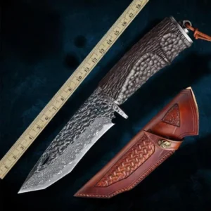 Premium Damascus Steel Fixed Lama Outdoor Camping Knife Ebony Wood Handle Black Straight Knife With Leather Sheath product view 2
