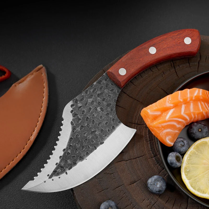 Forged Hammer Finish Multi-purpose Knife with Teeth Premium Steel Kitchen Utility Knife Wood Handle with Leather Sheath - product view 2