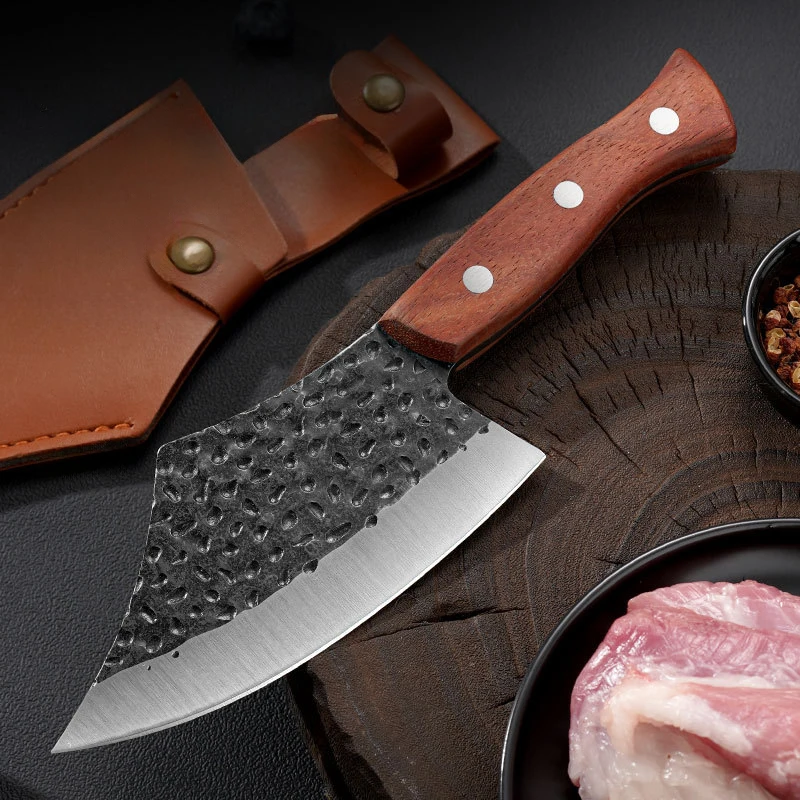 Forged Hammer Finish Kitchen Knife Stainless Steel Multi-purpose Knife Cutting Knife with Leather Sheath Chef Knives - product view 2