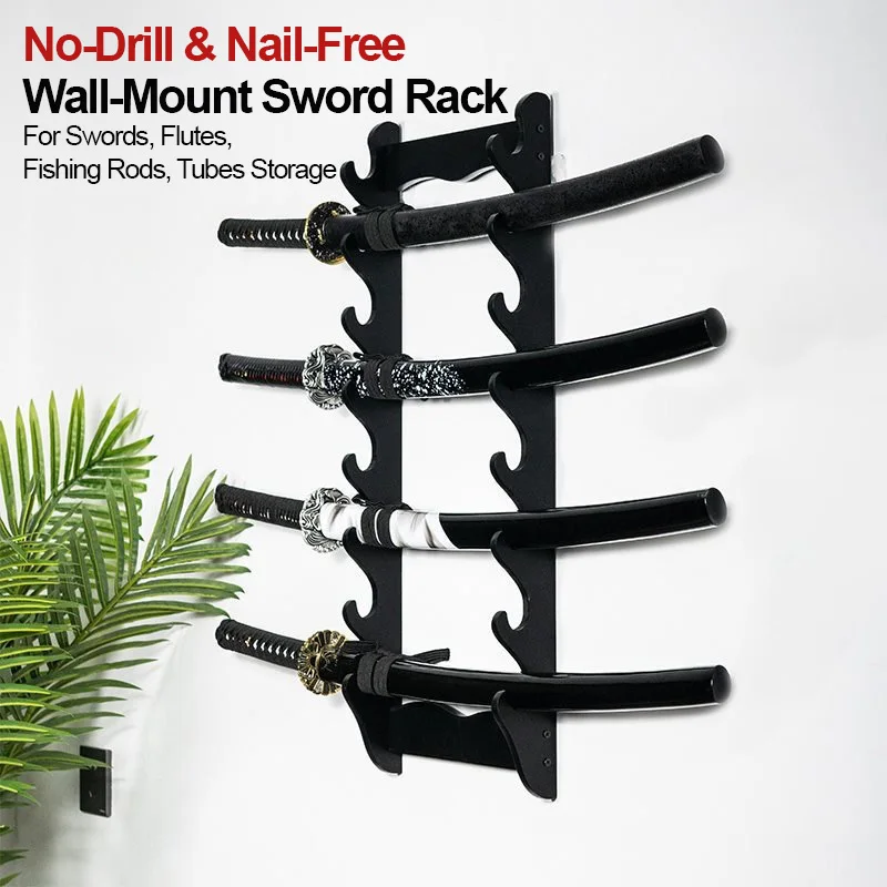 Wall Amount Japanese Katana Swords Display Stand Wooden Holder Display Hanger for Katana Wakizashi Flute Fishing Rod Storage product view 2