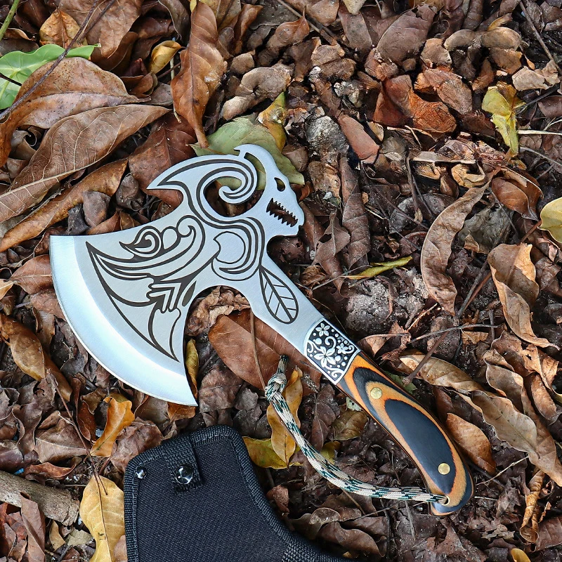Stainless Steel Wide Camping Hatchet Hatchet Double Edge Tomahawk Color Wood Handle Hand Axe with Nylon Sheath product view 2