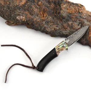 Top Quality Damascus Folding Knives with Wood Handle and Leather Rope - product view 3