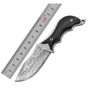 High Class Small Size Outdoor Hunting Damascus Fixed Blade Knife in Leather Sheath