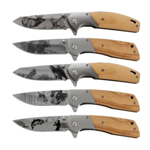 Hot Selling OEM Wholesale Custom Bear and Elk Olive Wood Handle Steel Knife 3D Pattern Outdoor Folding Pocket Hunting EDC Knife