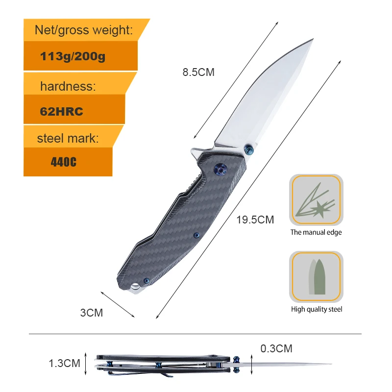 High Quality Custom Wholesale Carbon Fiber Handle Outdoor Handmade 440 Stainless Steel Pocket Knife product view 2