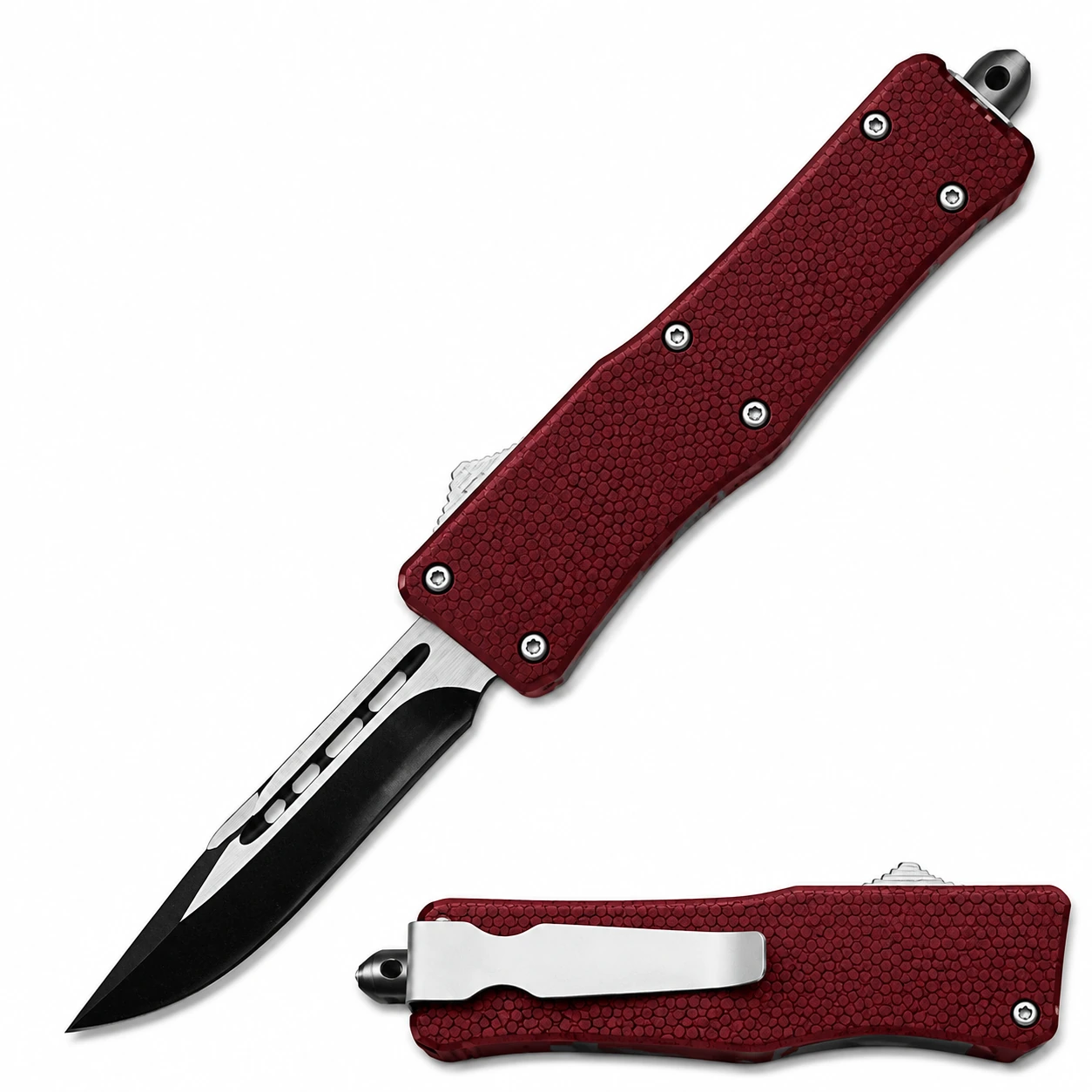 Dark Burgundy Hex OTF Knife image Dark burgundy hex-textured OTF knife with black and silver clip-point blade and rear pocket clip