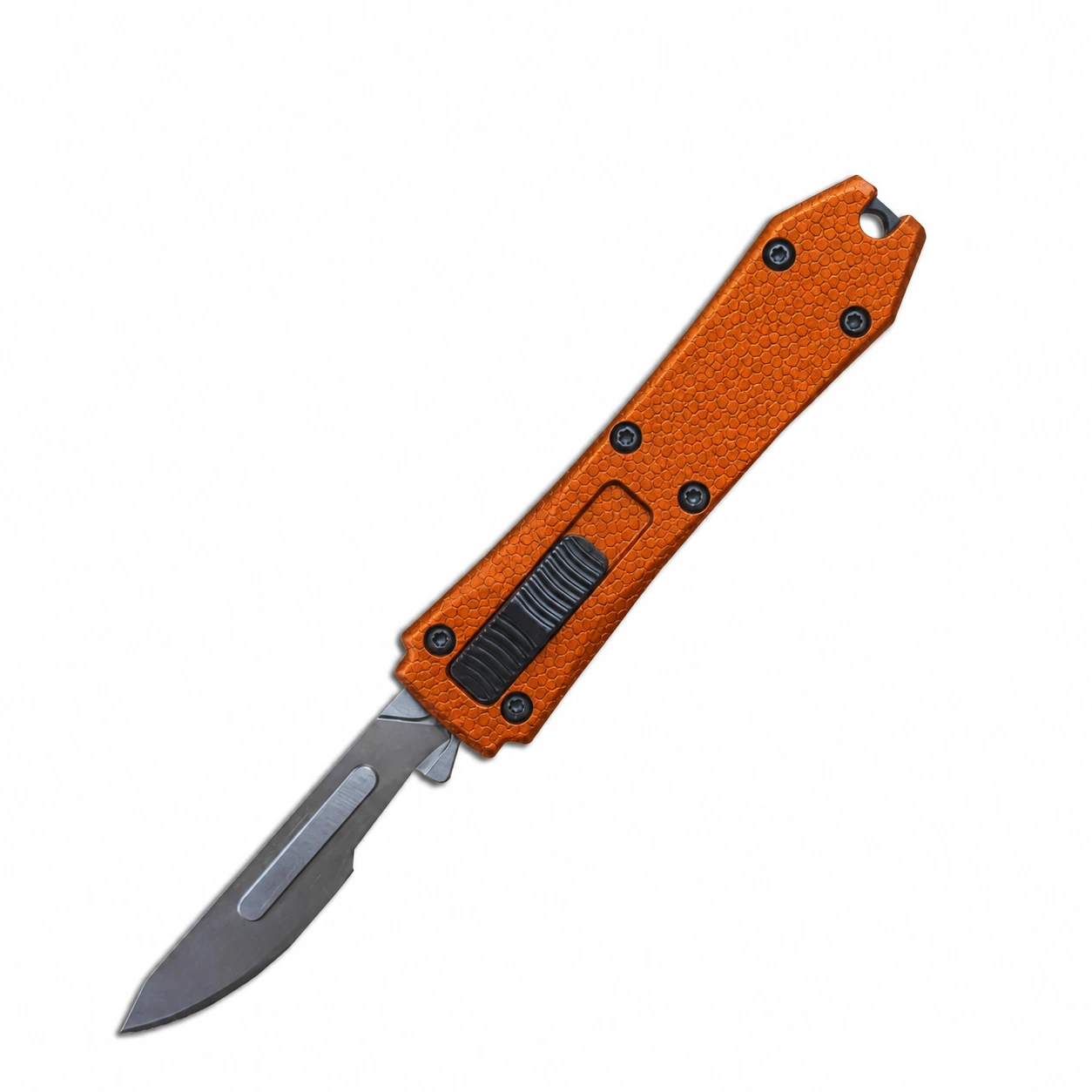 Burnt orange micro-hex mini scalpel OTF knife with removable drop-point blade and face slider