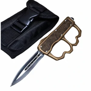 Burnt bronze topographic two-loop OTF knife with split dagger blade and silver fasteners