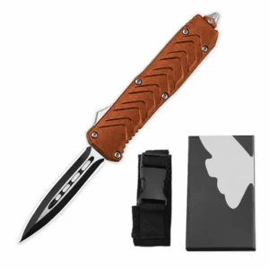 Burnt copper crosshatch F121 OTF knife with double-edge blade and six silver fasteners