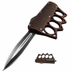 Burnt copper crosshatch knuckle OTF knife with double-edge spear blade and four finger loops