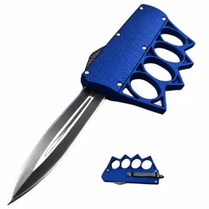 Cobalt blue micro-hex knuckle OTF knife with double-edge spear blade and four finger loops
