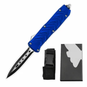 Cobalt blue micro-speckle F121 OTF knife with double-edge blade and six silver fasteners