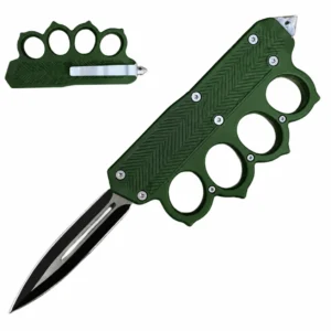 Forest green chevron knuckle OTF knife with black double-edge blade and four finger loops