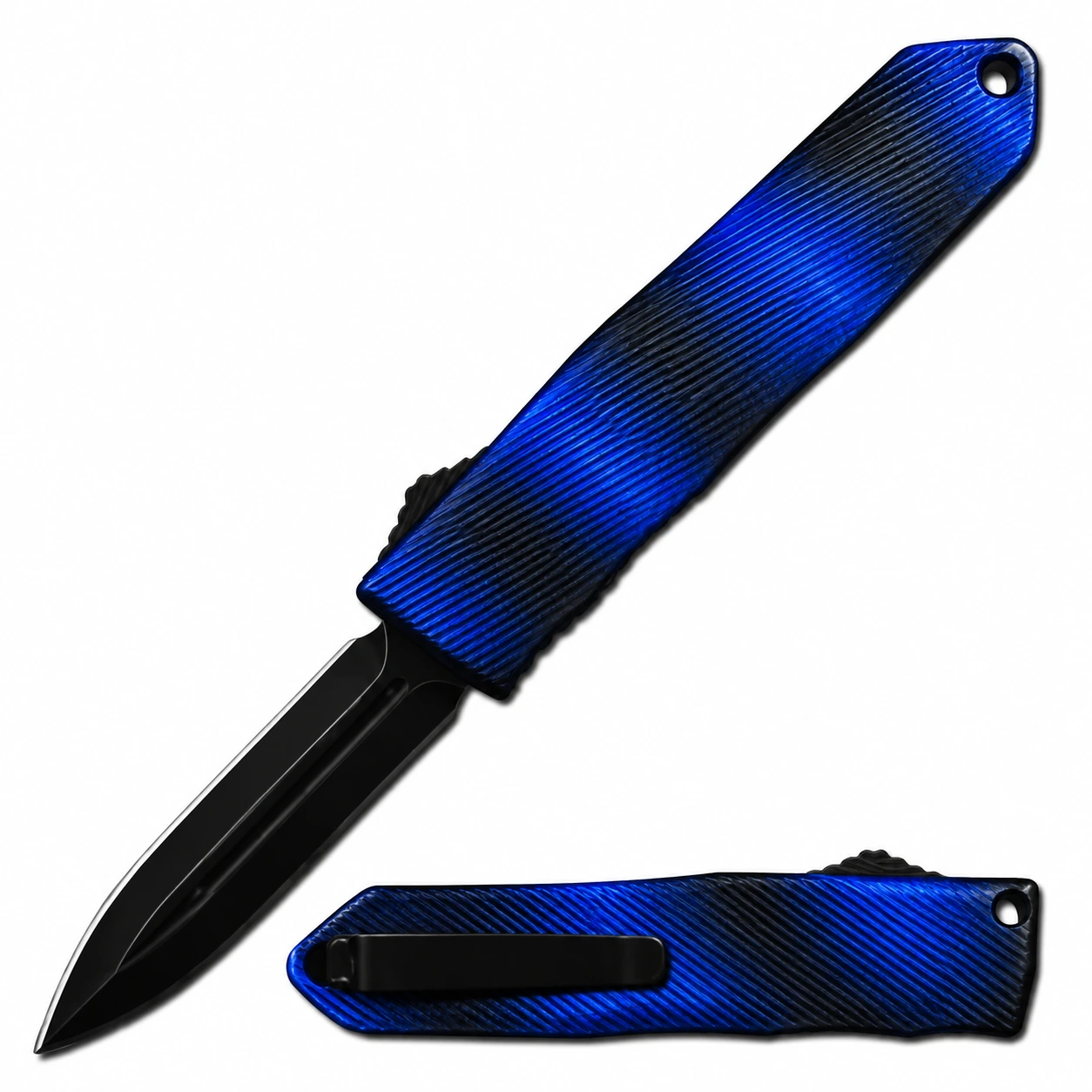 Midnight cobalt micro-rib large OTF knife with black double-edge dagger blade and pocket clip