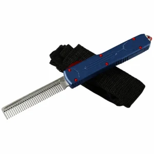 Midnight navy microtexture OTF comb tool with stainless front-exit comb and red hardware