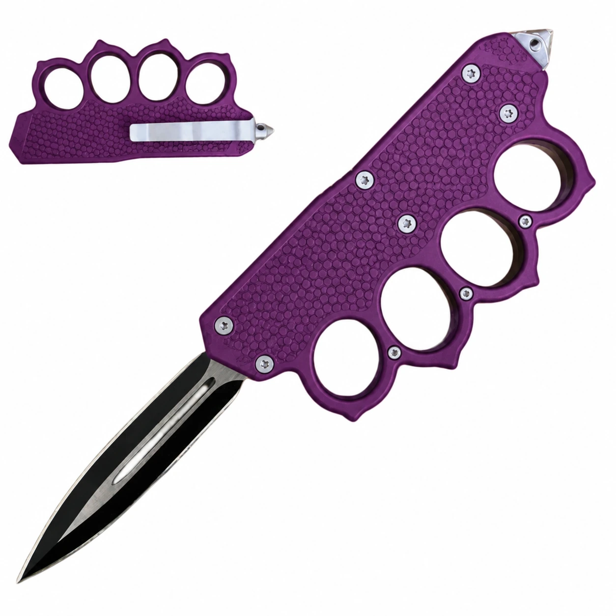 Plum purple honeycomb knuckle OTF knife with black double-edge blade and four finger loops