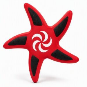 Red five-point star-shaped flying disc toy with black panels on a white background