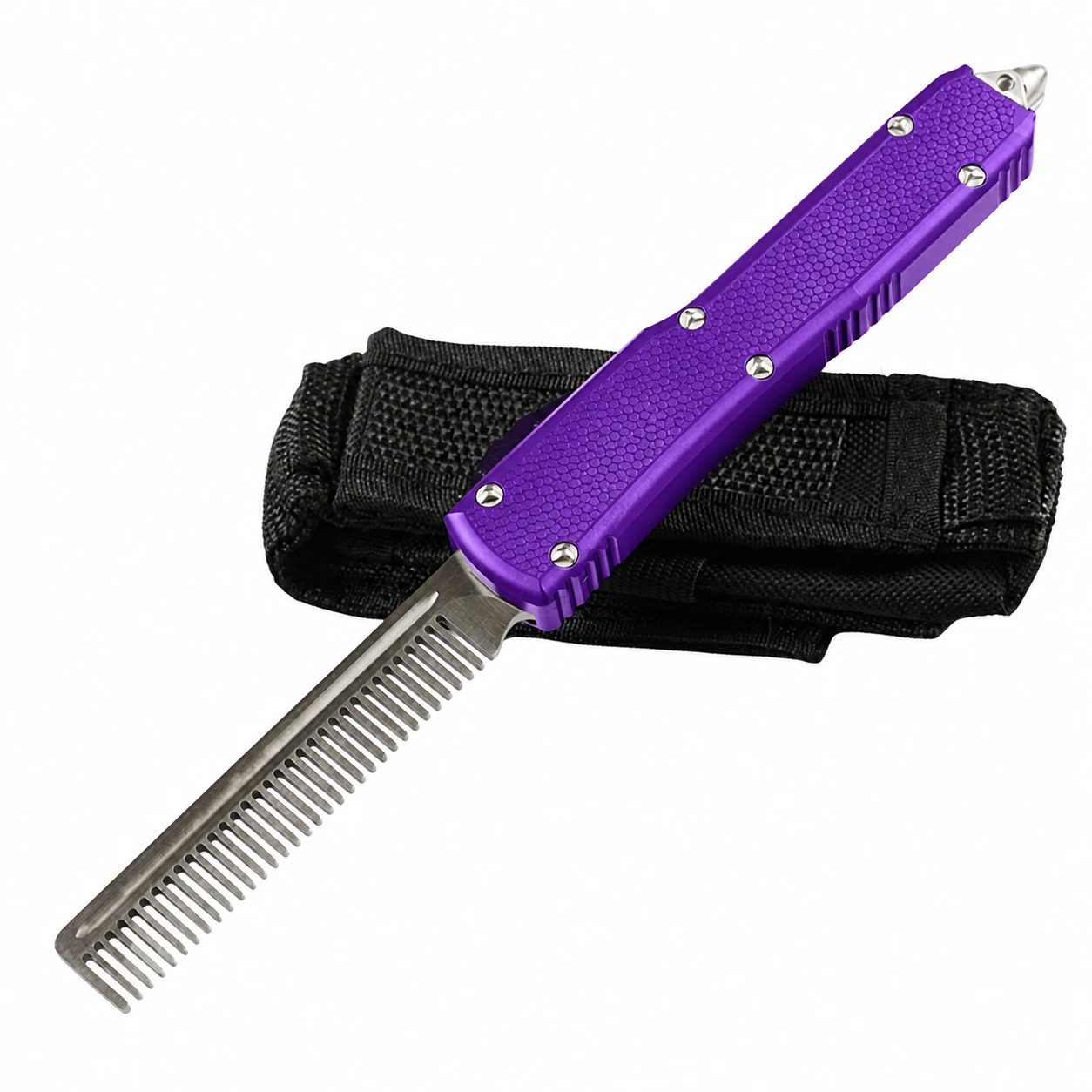 Royal purple honeycomb OTF comb tool with stainless front-exit comb and silver hardware