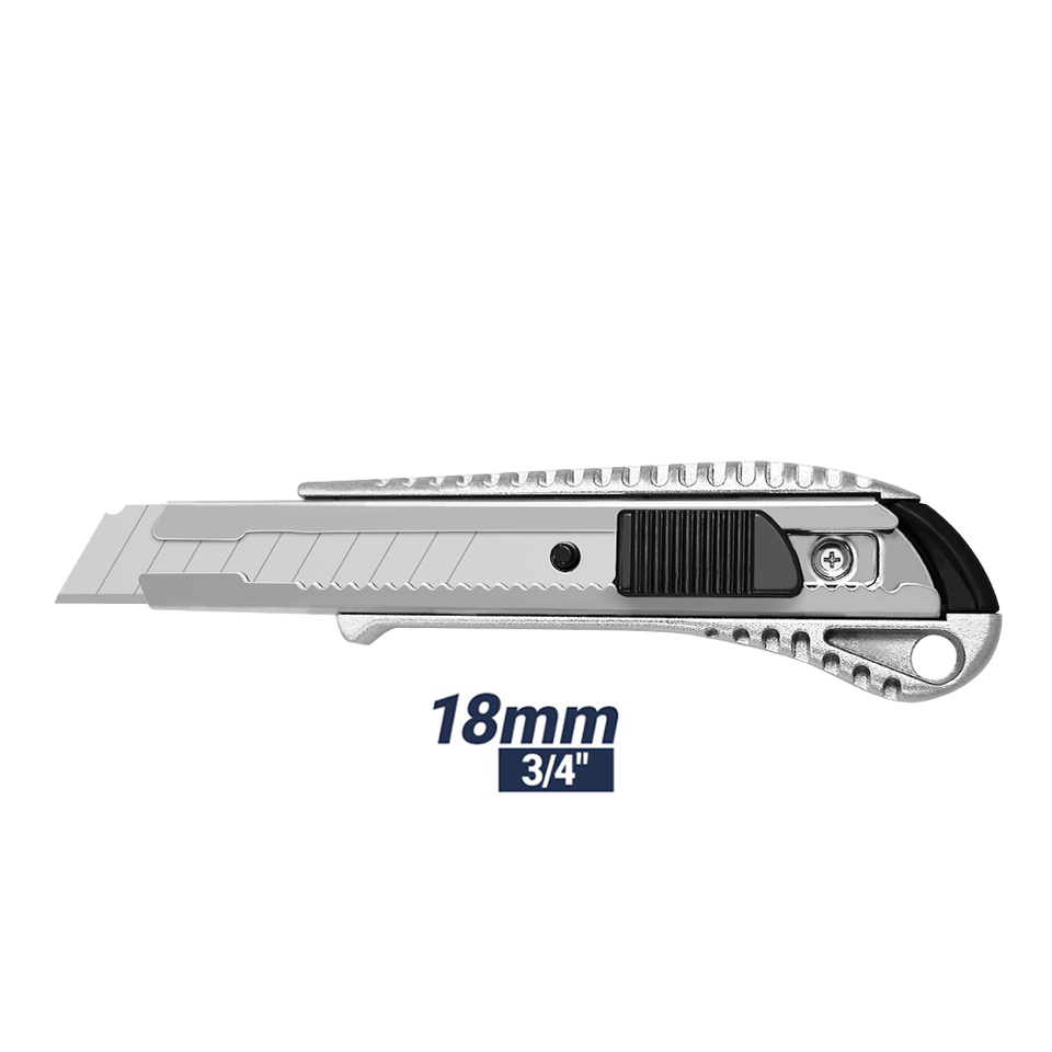 18mm segmented blade utility knife with ribbed metal body, black slider and round rear hanging hole