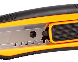 18mm utility knife with paired control pads, segmented blade, black and yellow grip and tail hanging hole